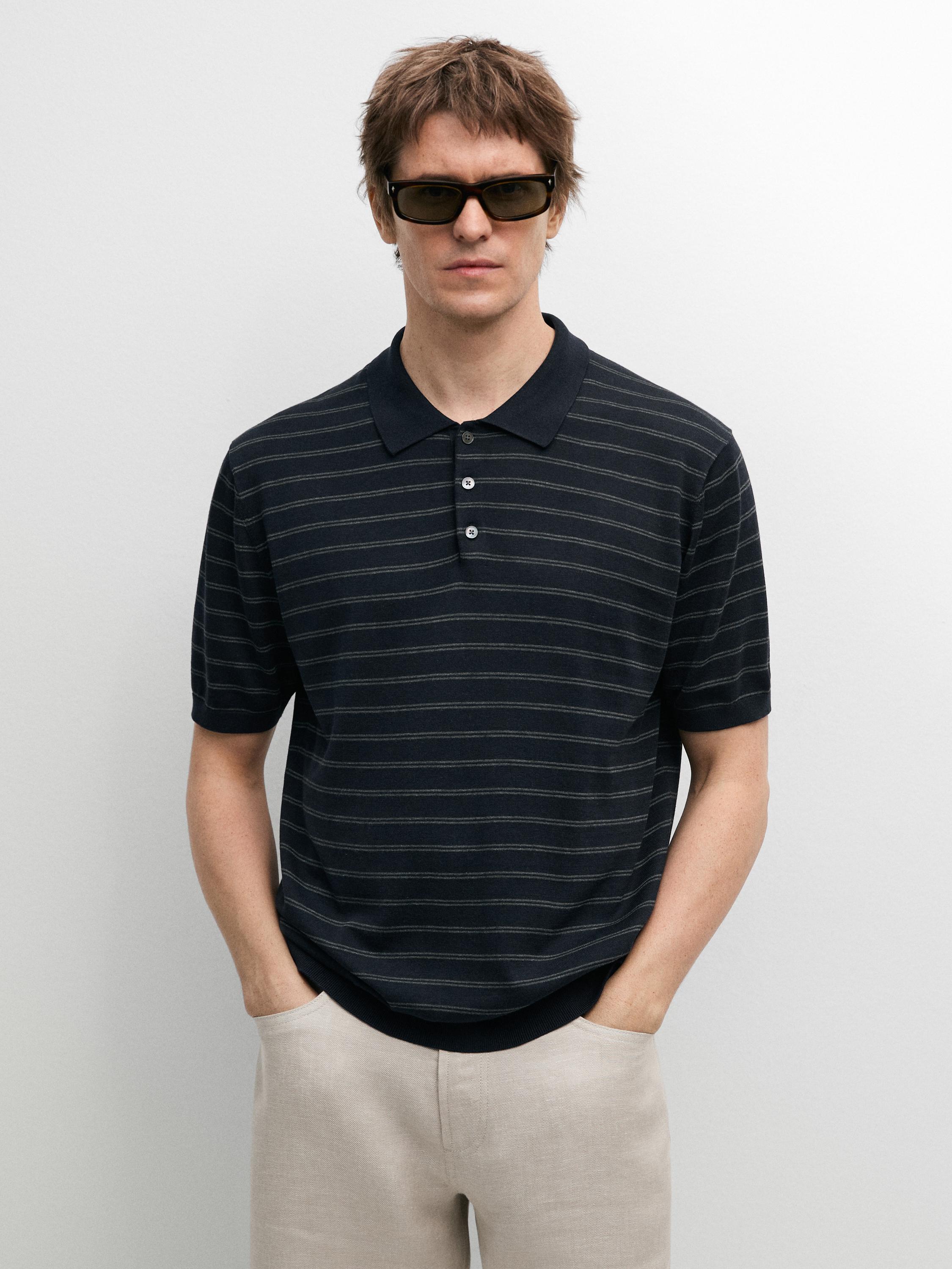Cotton blend knit polo shirt with striped detail